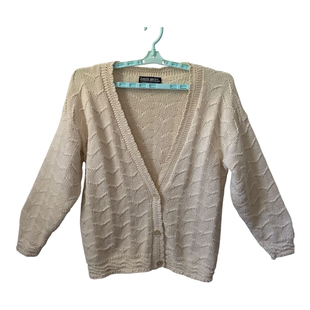 Vintage Womens Cardigan XL Ivory 70s 80s Long Sleeve V-Neck Textured David Brett
